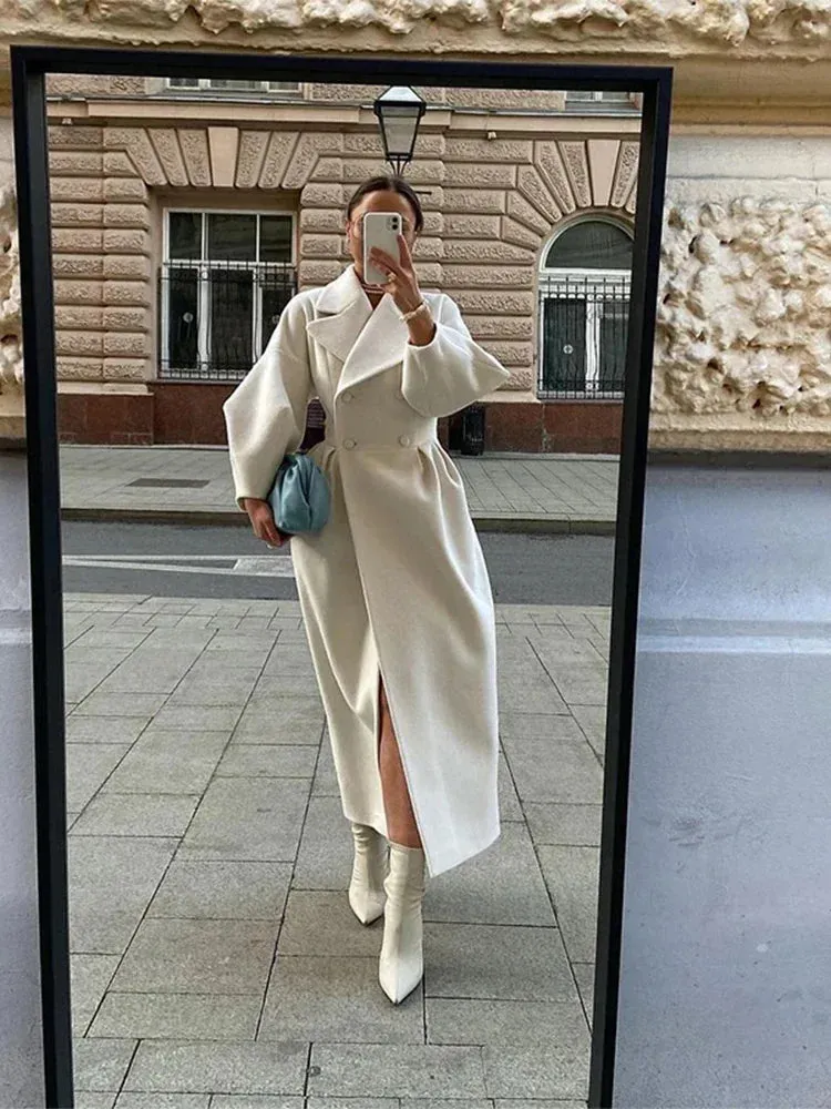 Fashionkova Elegant Solid Woolen Blend Overcoat Women Fashion Thick Lapel Double-Breasted Long Sleeve Jacket 2024 Spring Autumn Lady Outwear