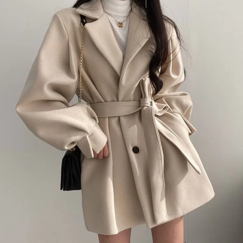 Fashionkova fall outfits women  Thick Woolen British Coat Women's Overcoat Mid-Length Autumn and Winter Trench Coat Small