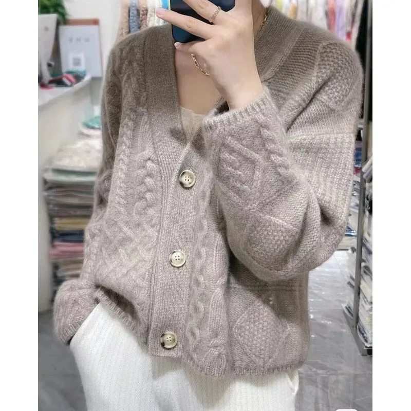 Fashionkova  Heavy And Thick Twist Flower V-Neck Cashmere Knitted Cardigan Women Autumn And Winter Lazy Loose Sweater Every Sweater Overcoat