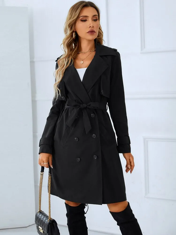 Fashionkova Spring Summer New Women's Double Breasted Slim V-Neck Tie Coat Trench Coat For Women Jackets For Women 2022 Long Overcoat Tops