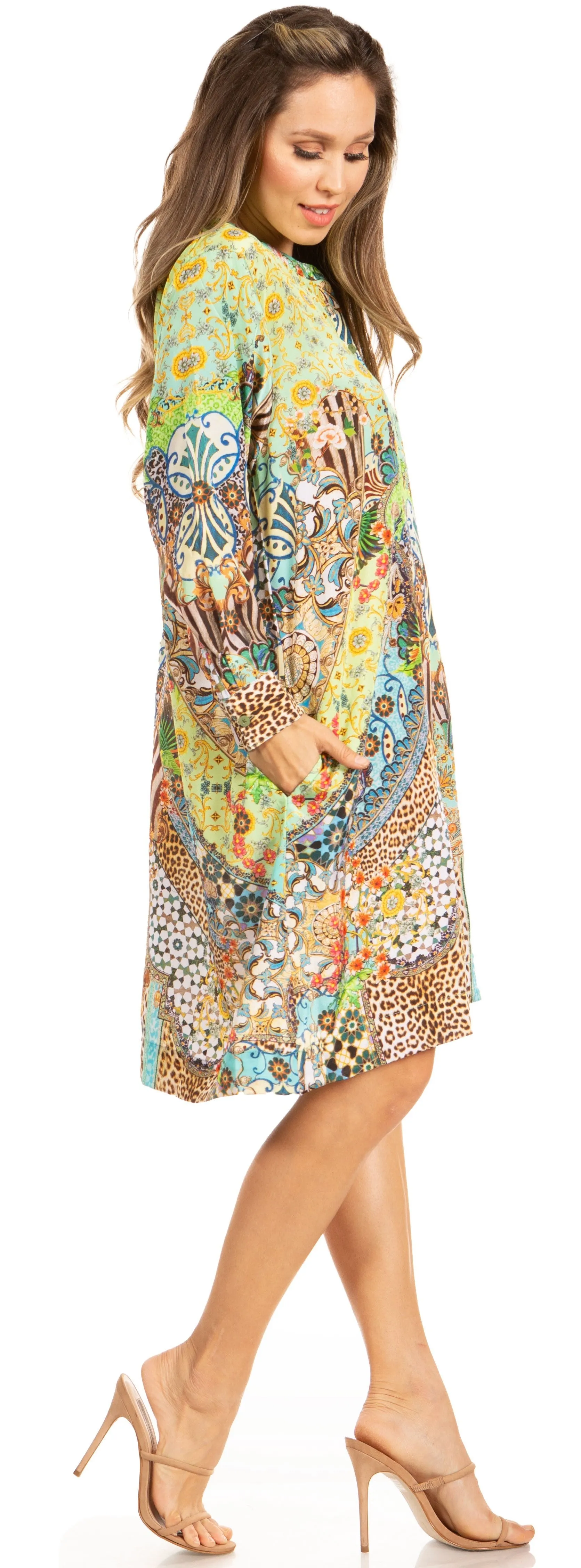 Floral Print Women's Long Sleeve Tunic Dress with Pockets - Sakkas Eloisa