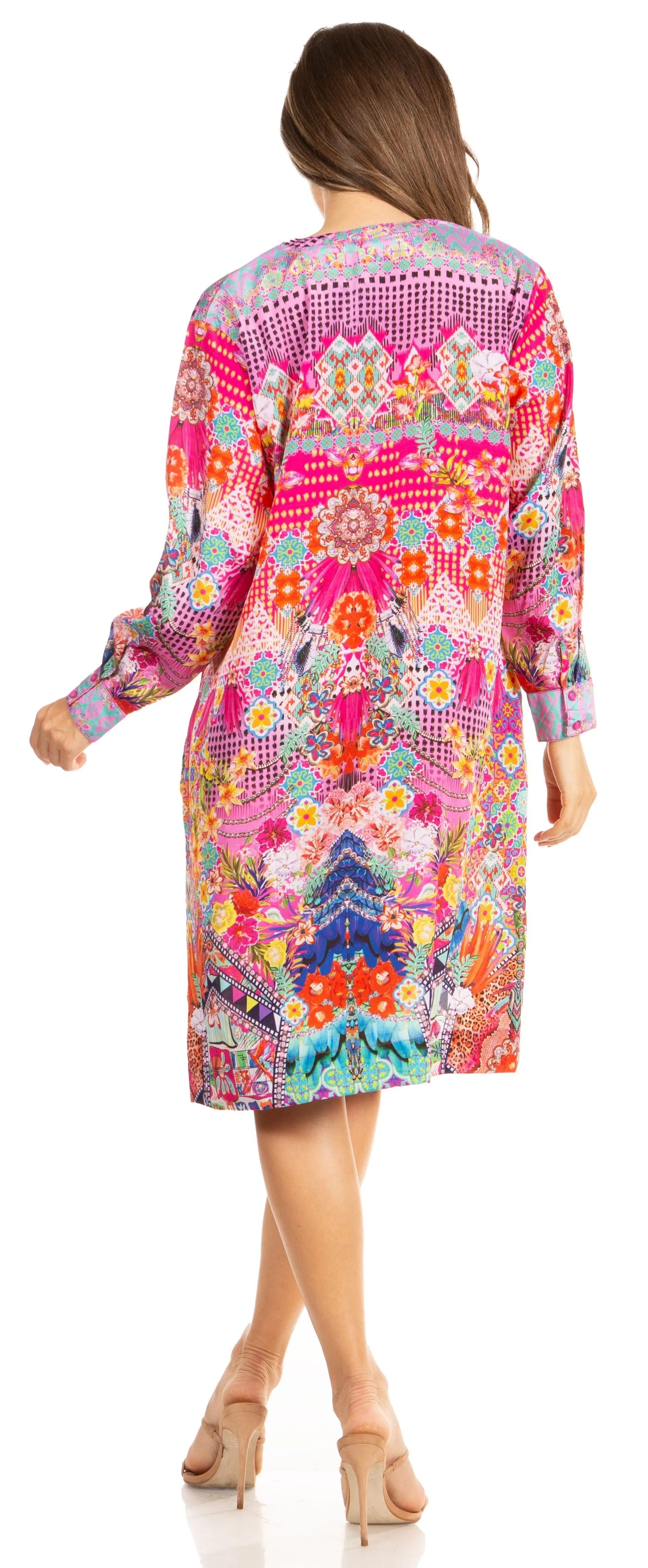 Floral Print Women's Long Sleeve Tunic Dress with Pockets - Sakkas Eloisa