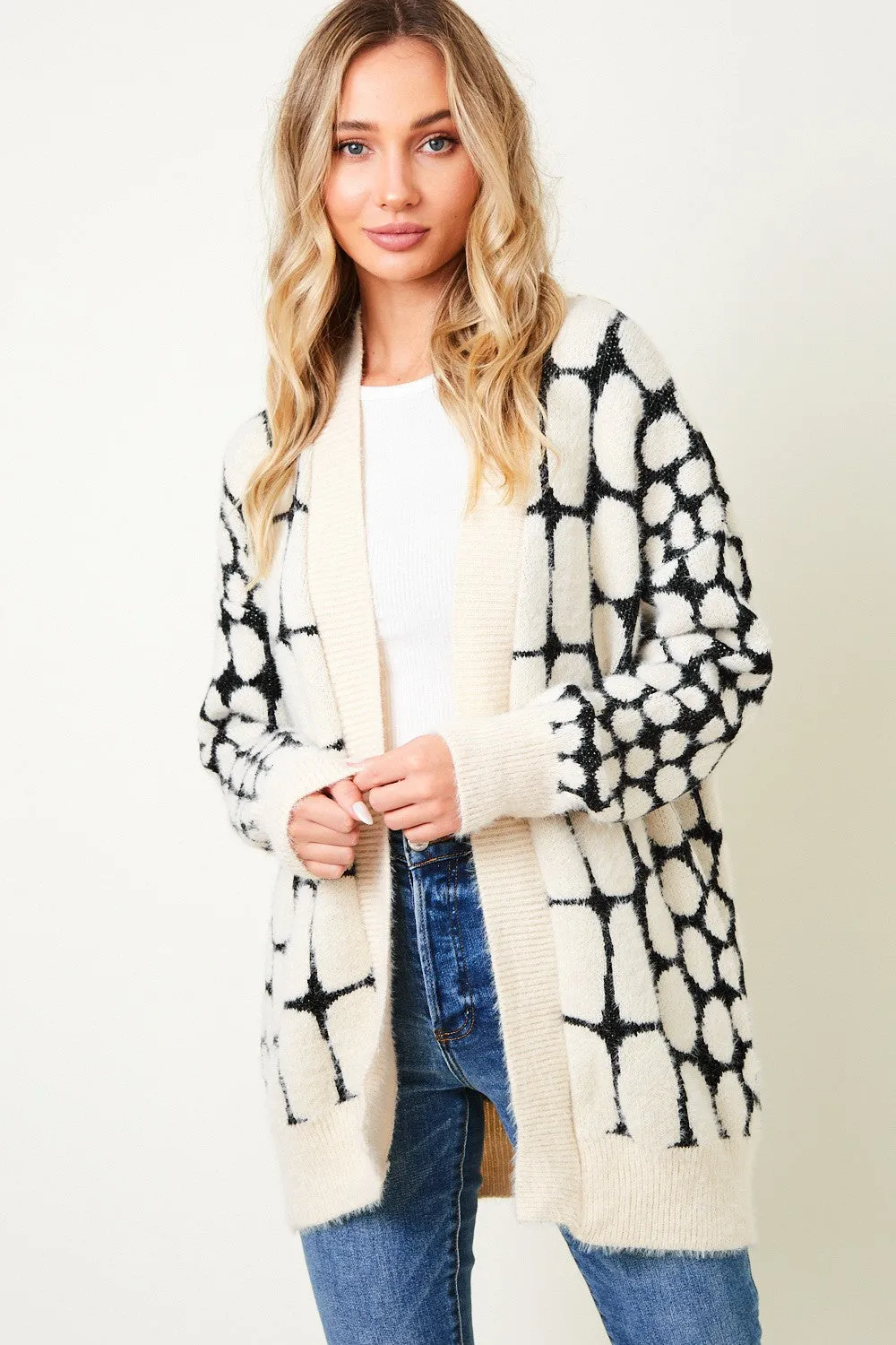 Fluffy Yarn Long Sleeve Open Front Knit Cardigan