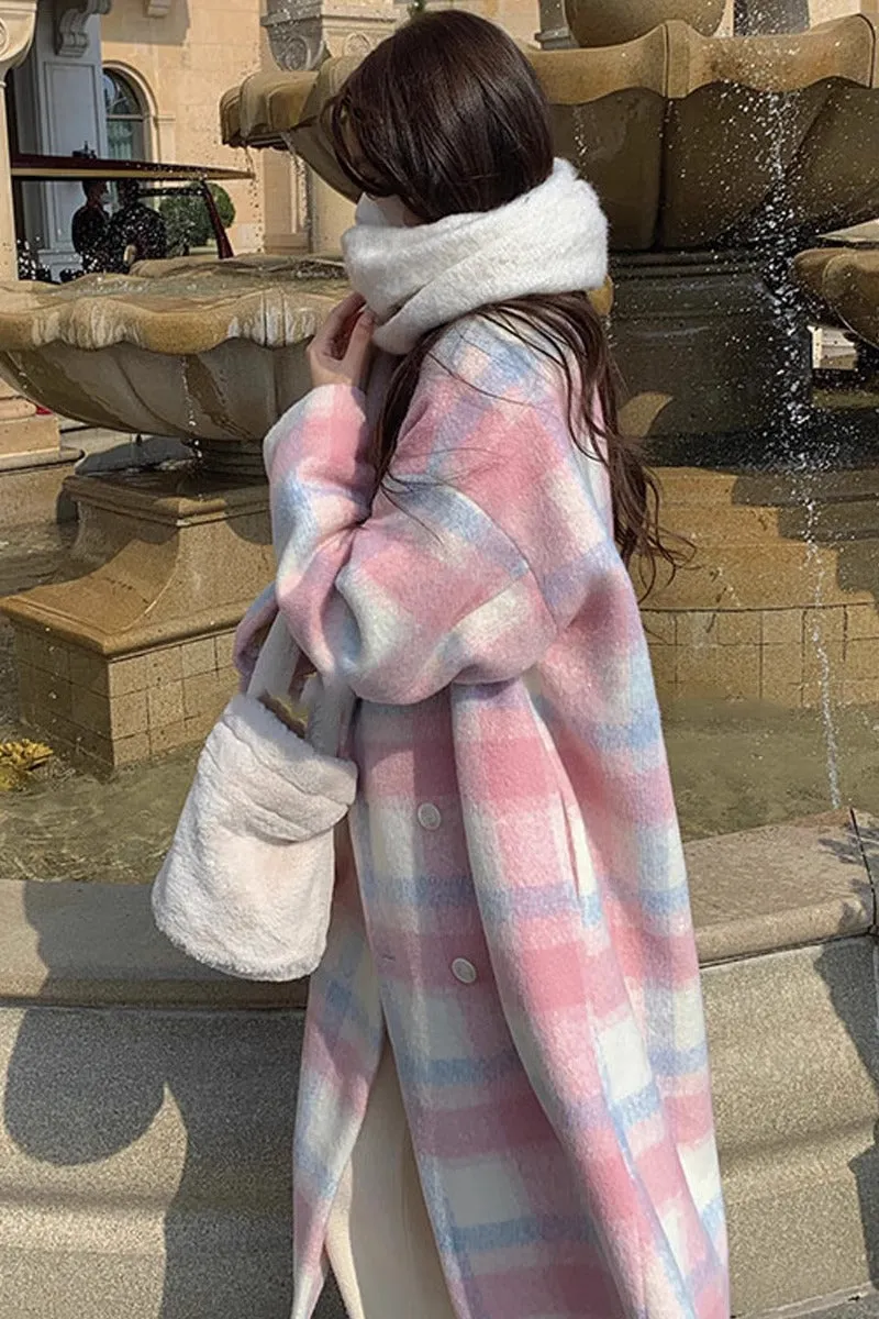 Girlary-shop cold weather outfits Pink Plaid Woolen Overcoat for Women 2024 Spring and Autumn New Korean Style Mid-Length Woolen Overcoat for Women