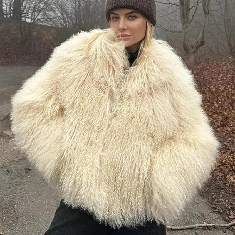 Girlary Warm Fluffy Faux Fur Jacket Coat Women Loose Long Sleeve V-neck Female Cardigan 2024 Winter Fashion Lady Overcoat Streetwear