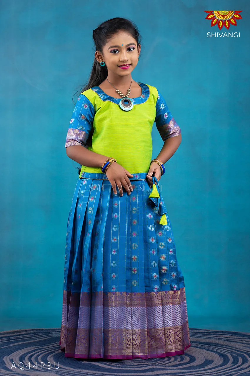 Girls Blue checks golden lotus Pattu Pavadai