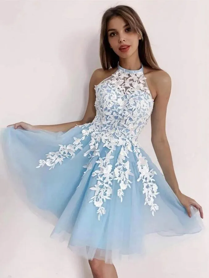 Halter Neck Lace/Tulle Homecoming Dresses,Short Prom Dresses,Dance Dress BP410