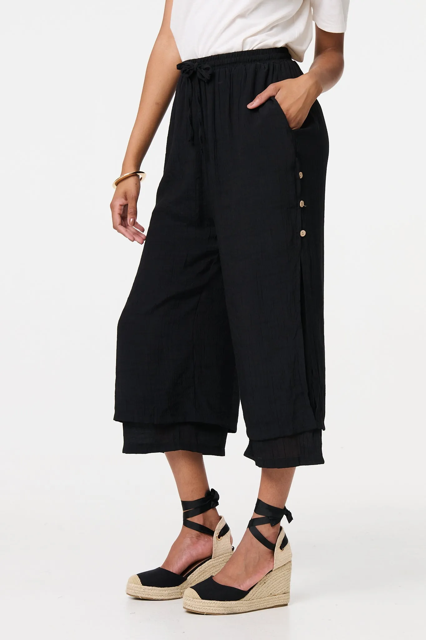 High Waist Layered Hem Cropped Trousers