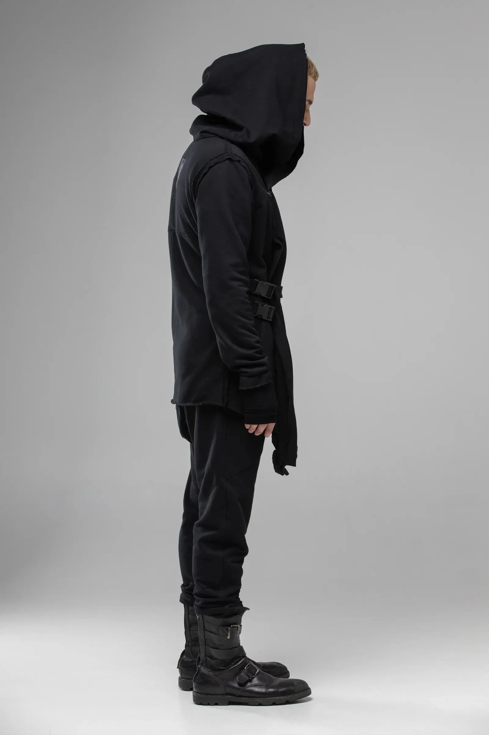 Hooded Asymmetrical Men Long Jacket, Post Apocalyptic Assassins Cardigan-BB0102