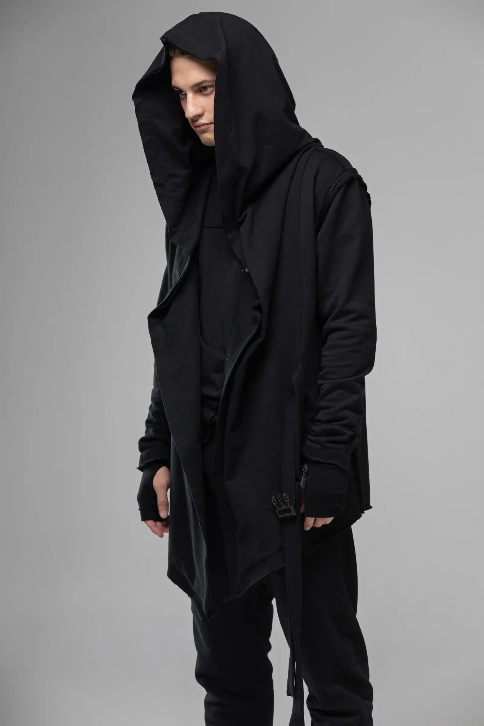 Hooded Asymmetrical Men Long Jacket, Post Apocalyptic Assassins Cardigan-BB0102