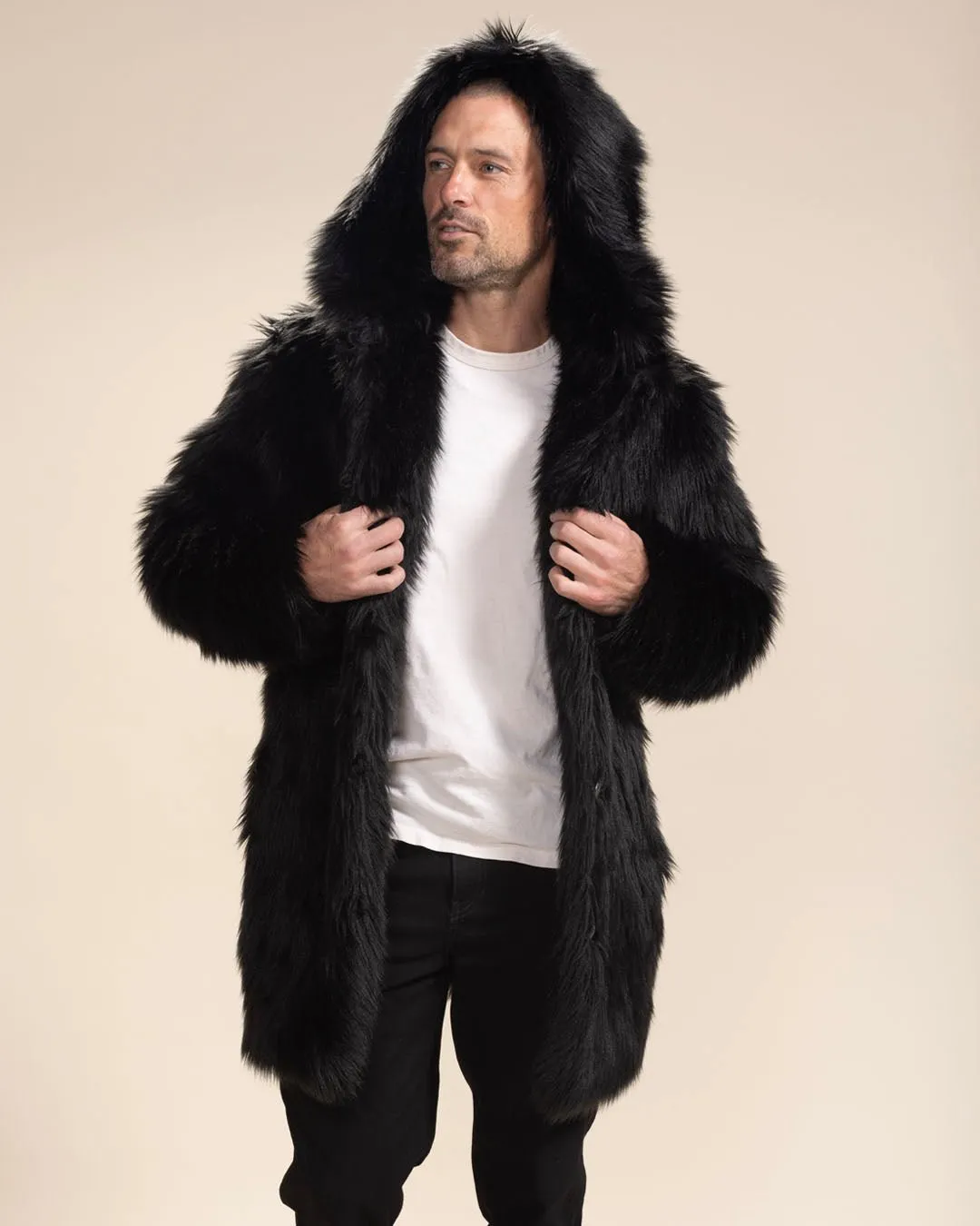 Hooded Men's Faux Fur Coat | Black Wolf