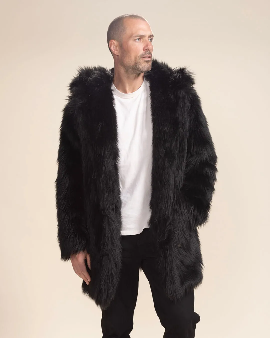 Hooded Men's Faux Fur Coat | Black Wolf