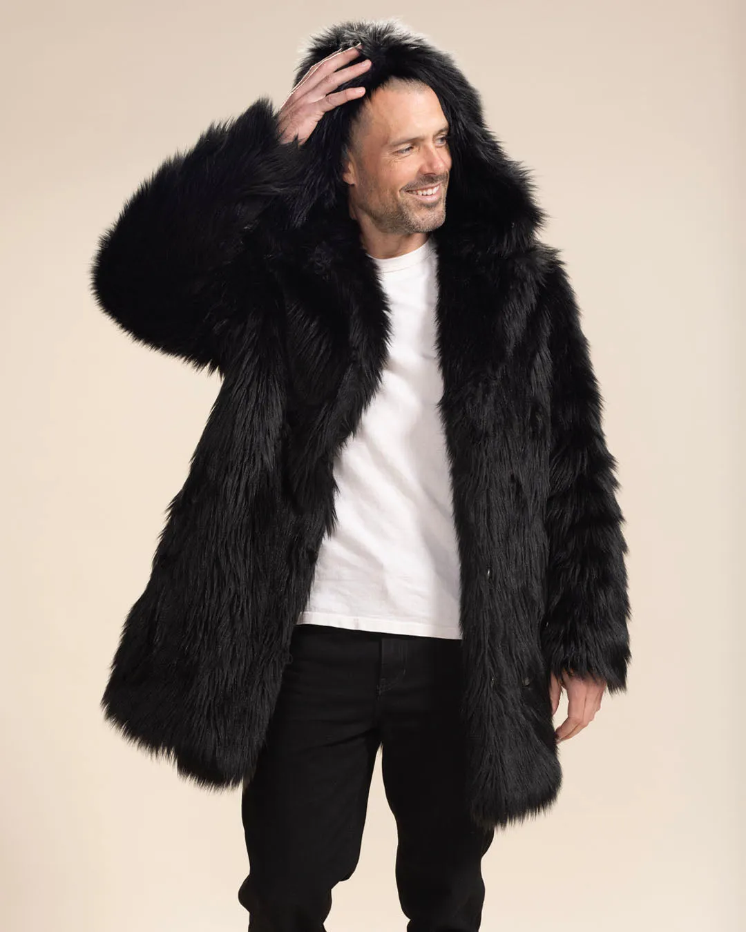 Hooded Men's Faux Fur Coat | Black Wolf