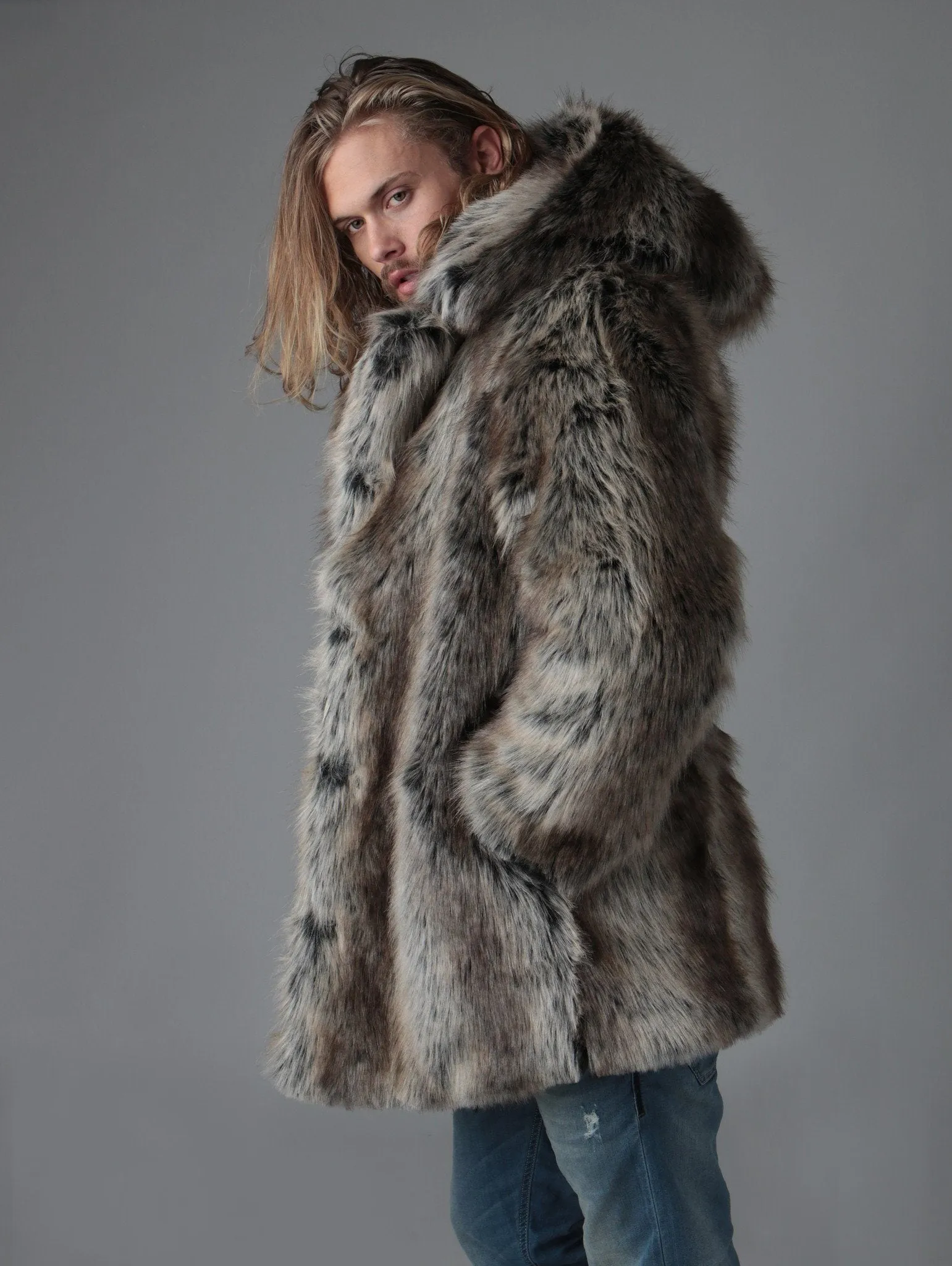 Hooded Men's Faux Fur Coat | Grey Wolf