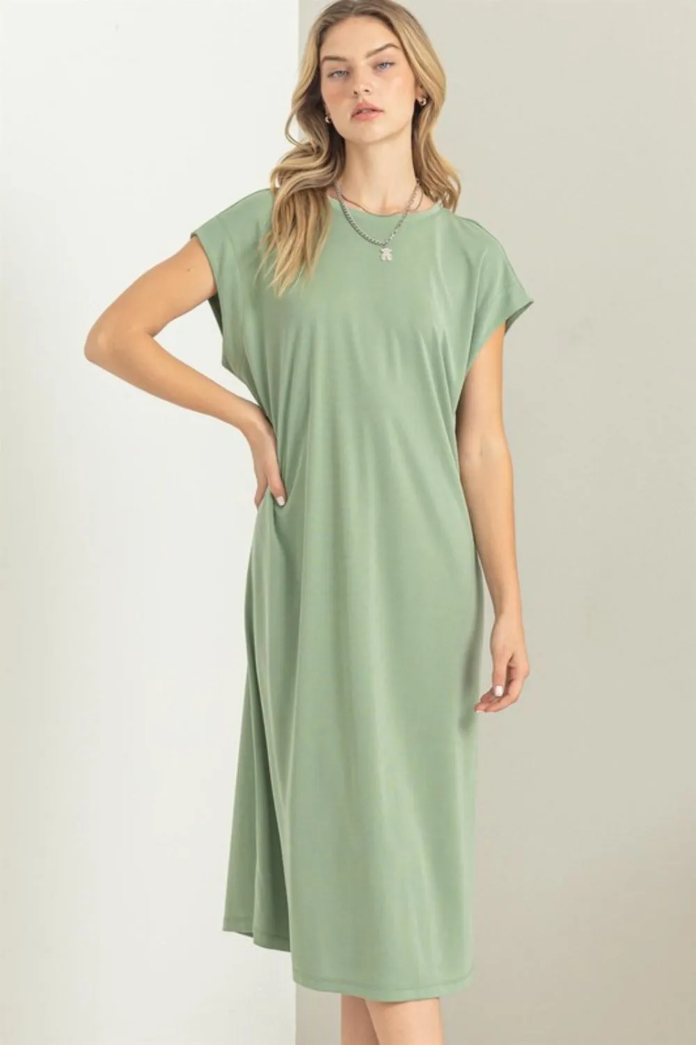 HYFVE Round Neck Midi Tee Dress in Matte Olive