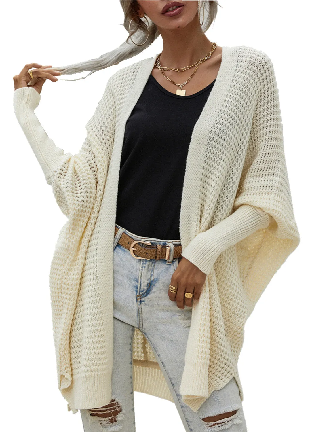 iB-iP Women's Oversize Cardigan Sweater Loose Casual Batwing Sleeves Fashion Top