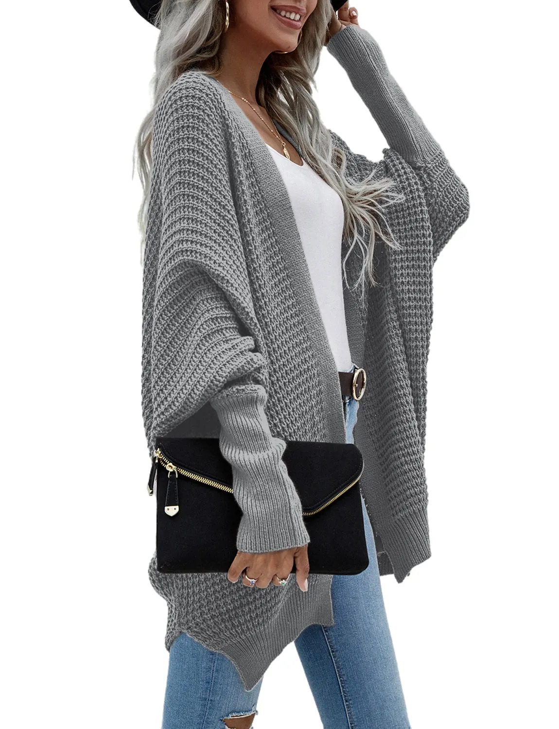 iB-iP Women's Oversize Cardigan Sweater Loose Casual Batwing Sleeves Fashion Top