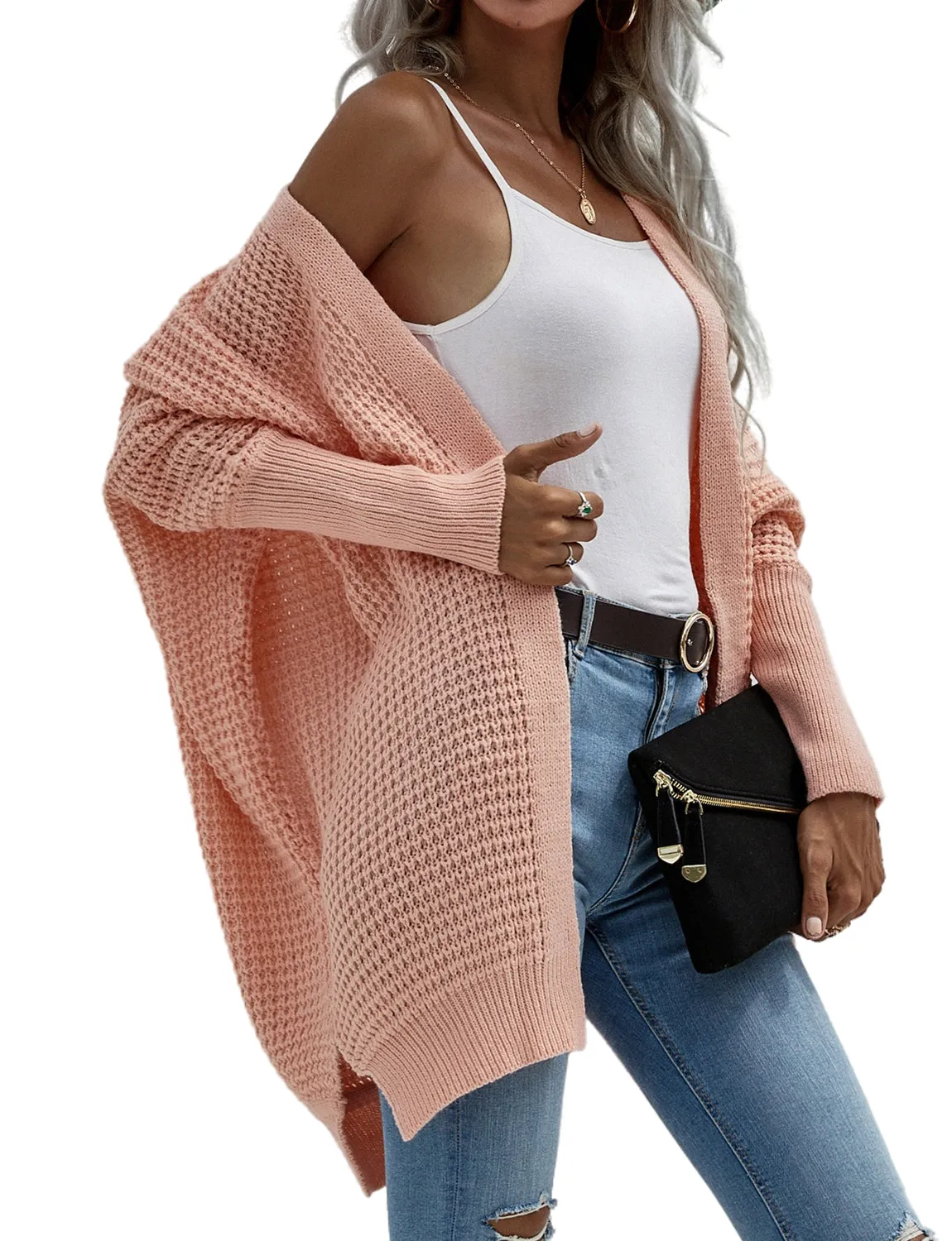 iB-iP Women's Oversize Cardigan Sweater Loose Casual Batwing Sleeves Fashion Top