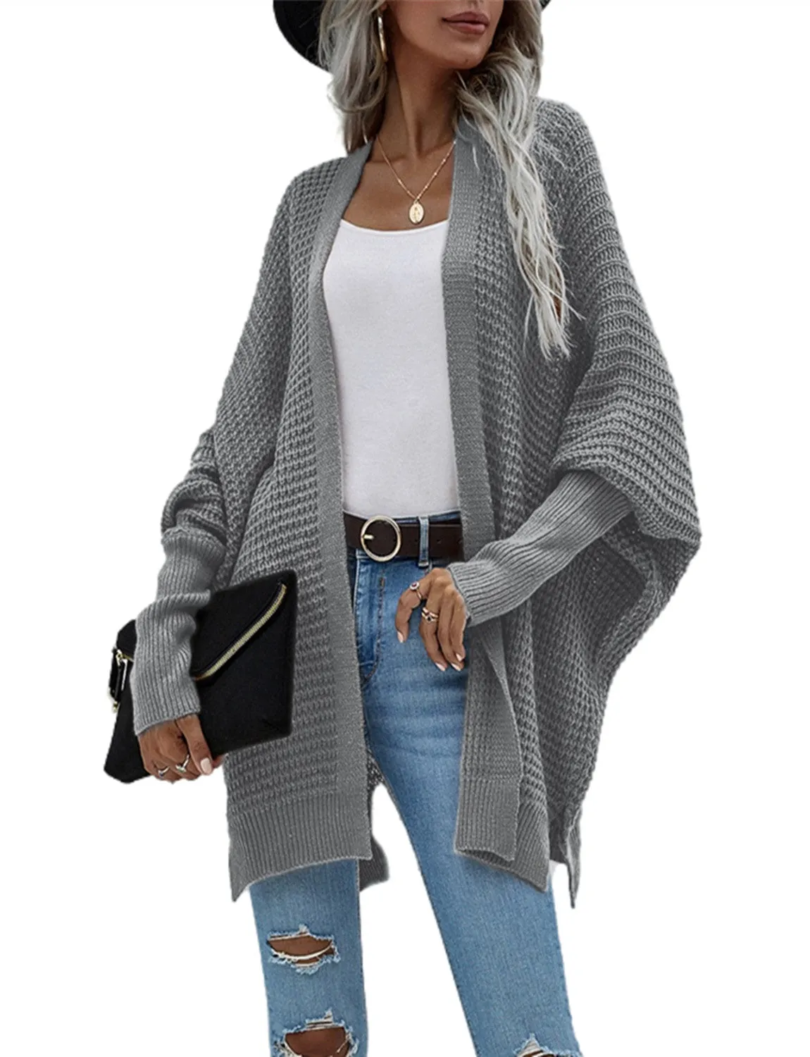 iB-iP Women's Oversize Cardigan Sweater Loose Casual Batwing Sleeves Fashion Top