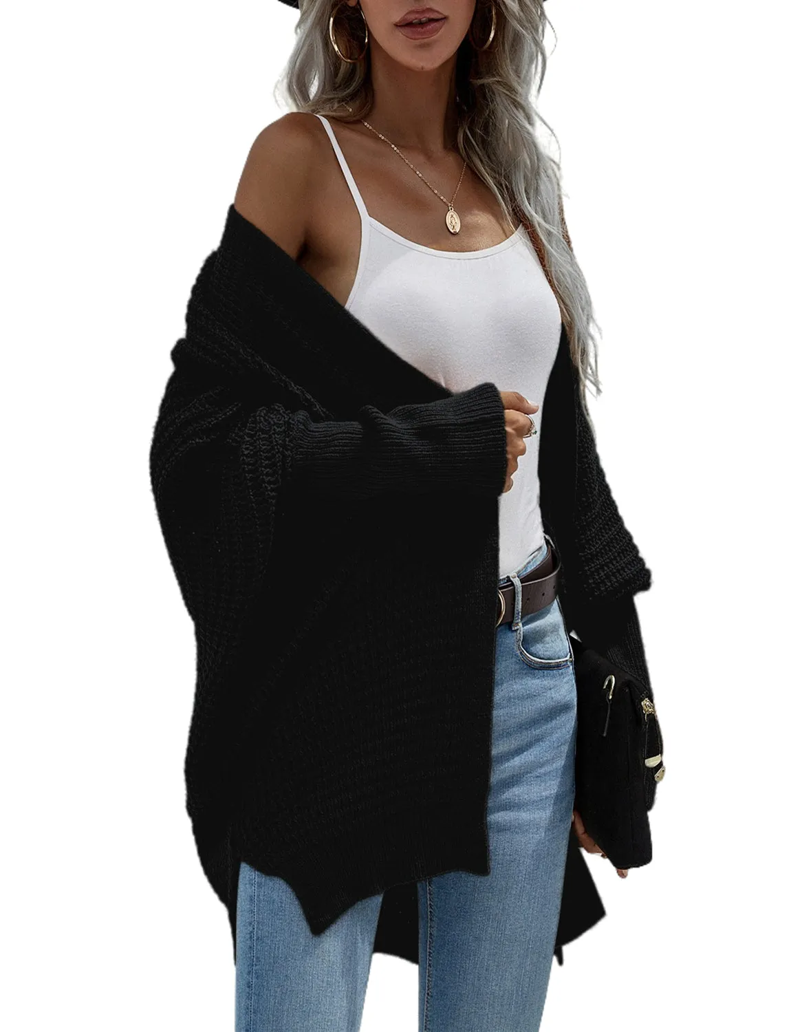 iB-iP Women's Oversize Cardigan Sweater Loose Casual Batwing Sleeves Fashion Top