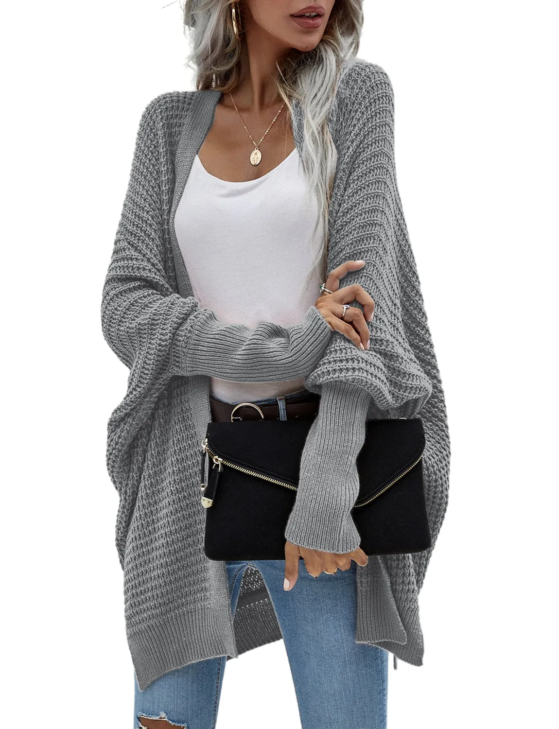 iB-iP Women's Oversize Cardigan Sweater Loose Casual Batwing Sleeves Fashion Top