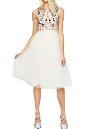 Ivory Embellished Floral Tulle Midi Dress