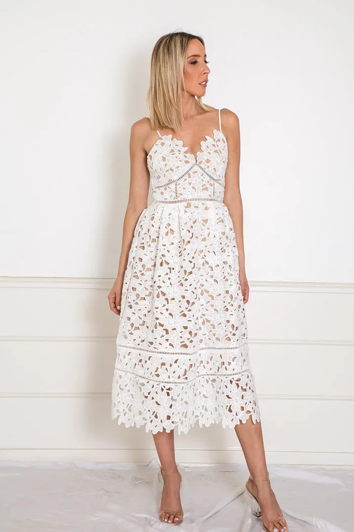 Lace Fit-and-Flare Midi Dress - White