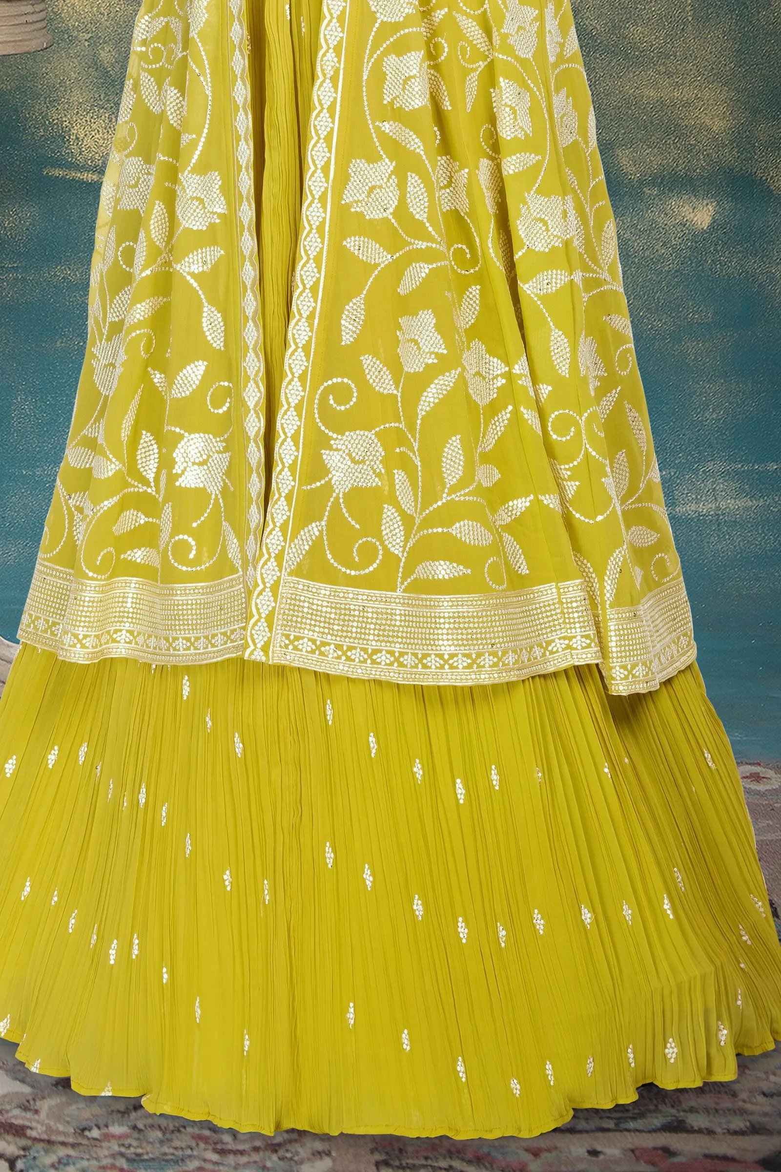 Lemon Yellow Sequins and Thread work Overcoat Styled Lehenga Choli for Girls