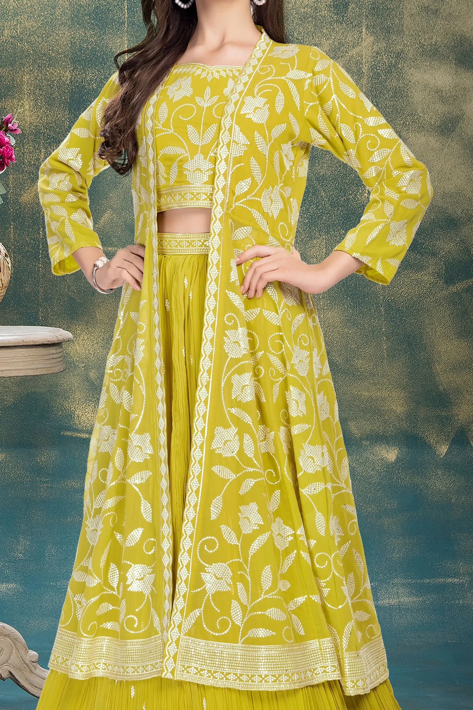 Lemon Yellow Sequins and Thread work Overcoat Styled Lehenga Choli for Girls