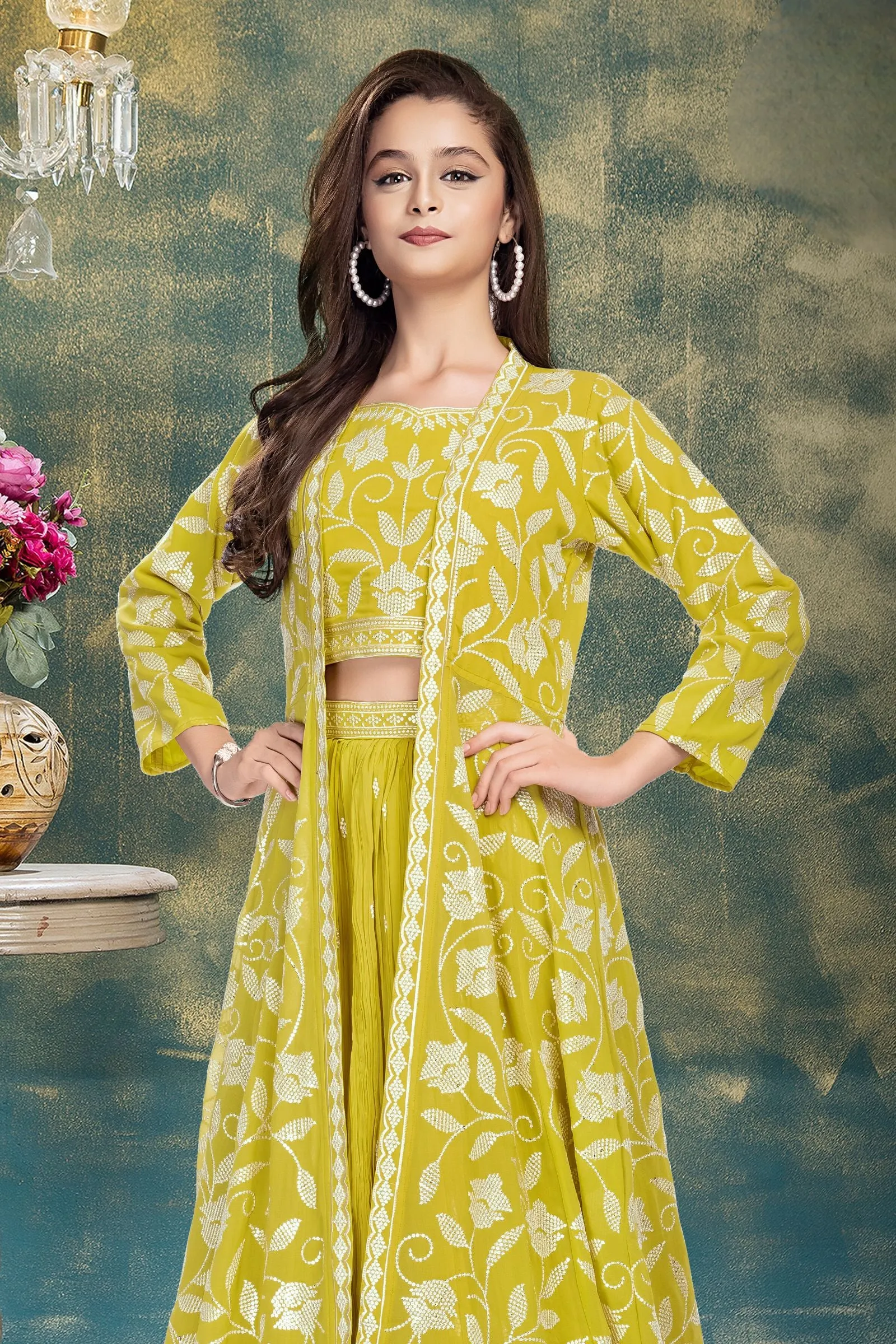 Lemon Yellow Sequins and Thread work Overcoat Styled Lehenga Choli for Girls