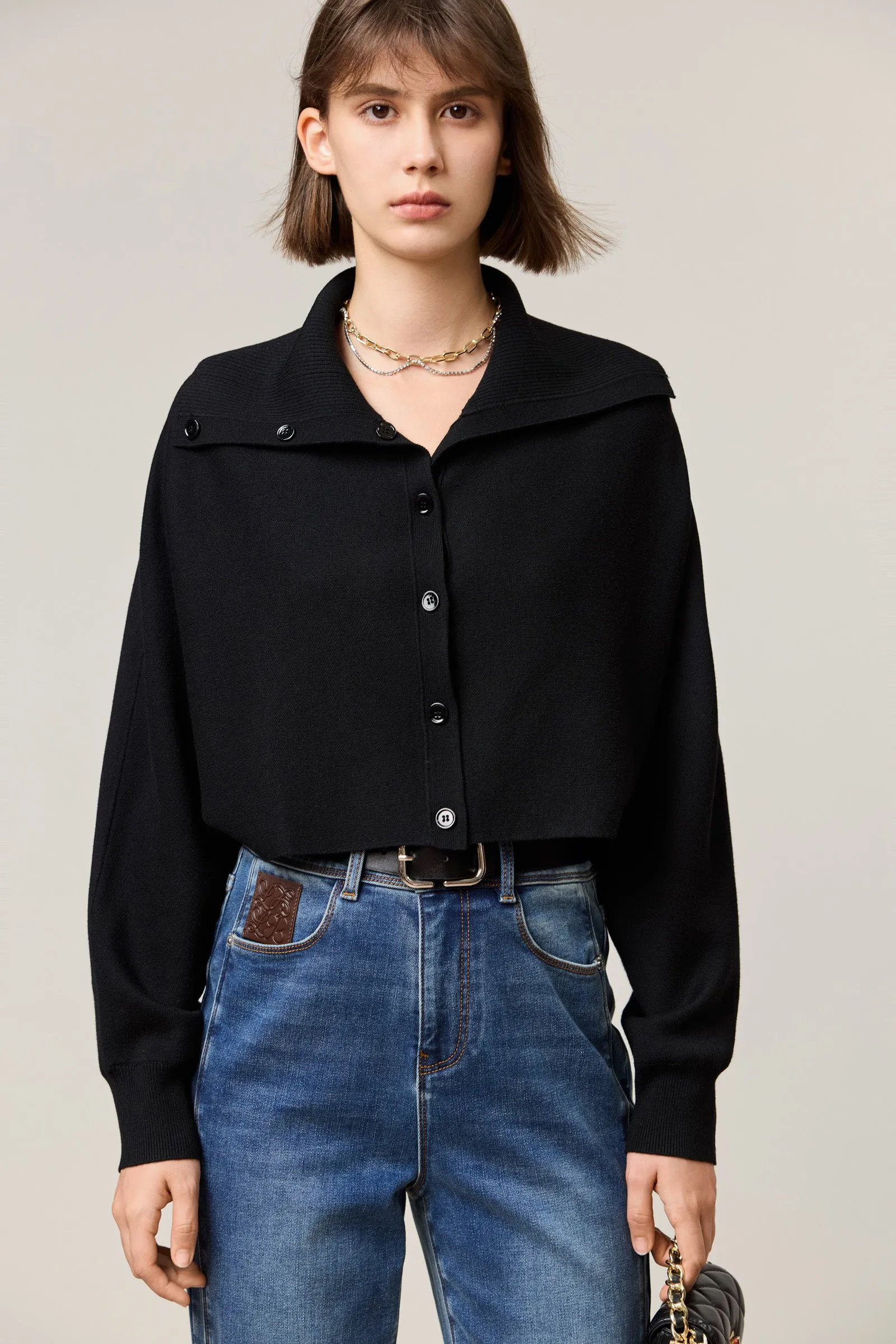 LILY Classic Lapel Black Knit Cardigan