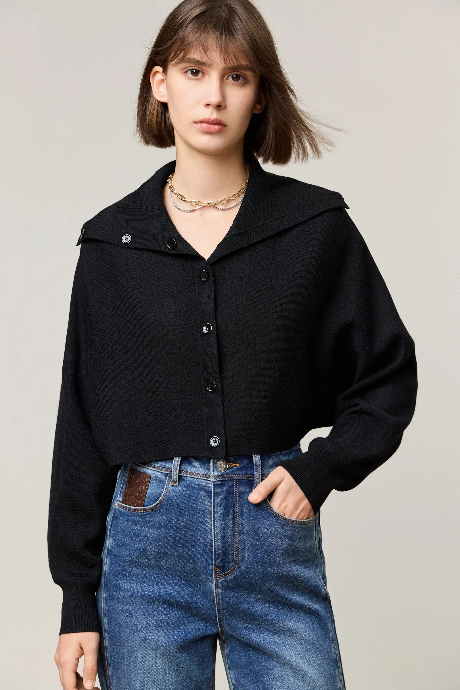 LILY Classic Lapel Black Knit Cardigan