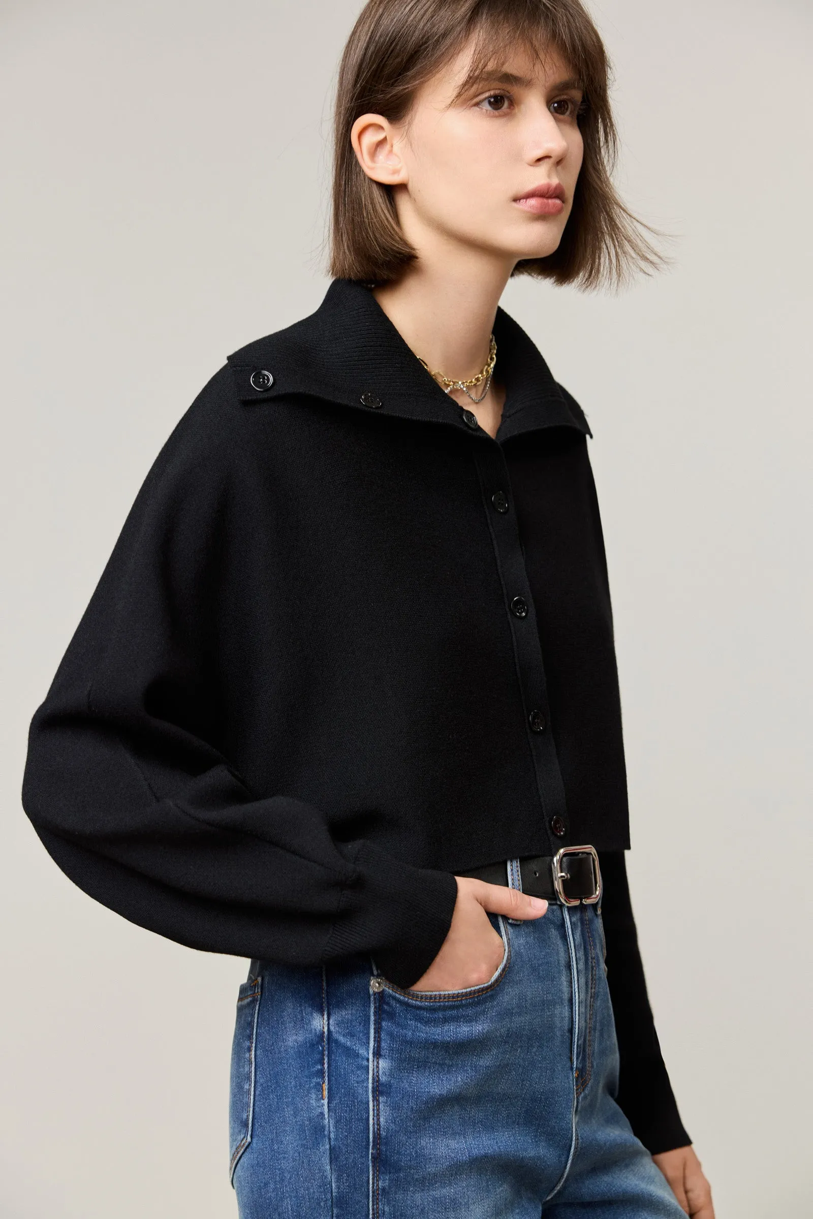 LILY Classic Lapel Black Knit Cardigan