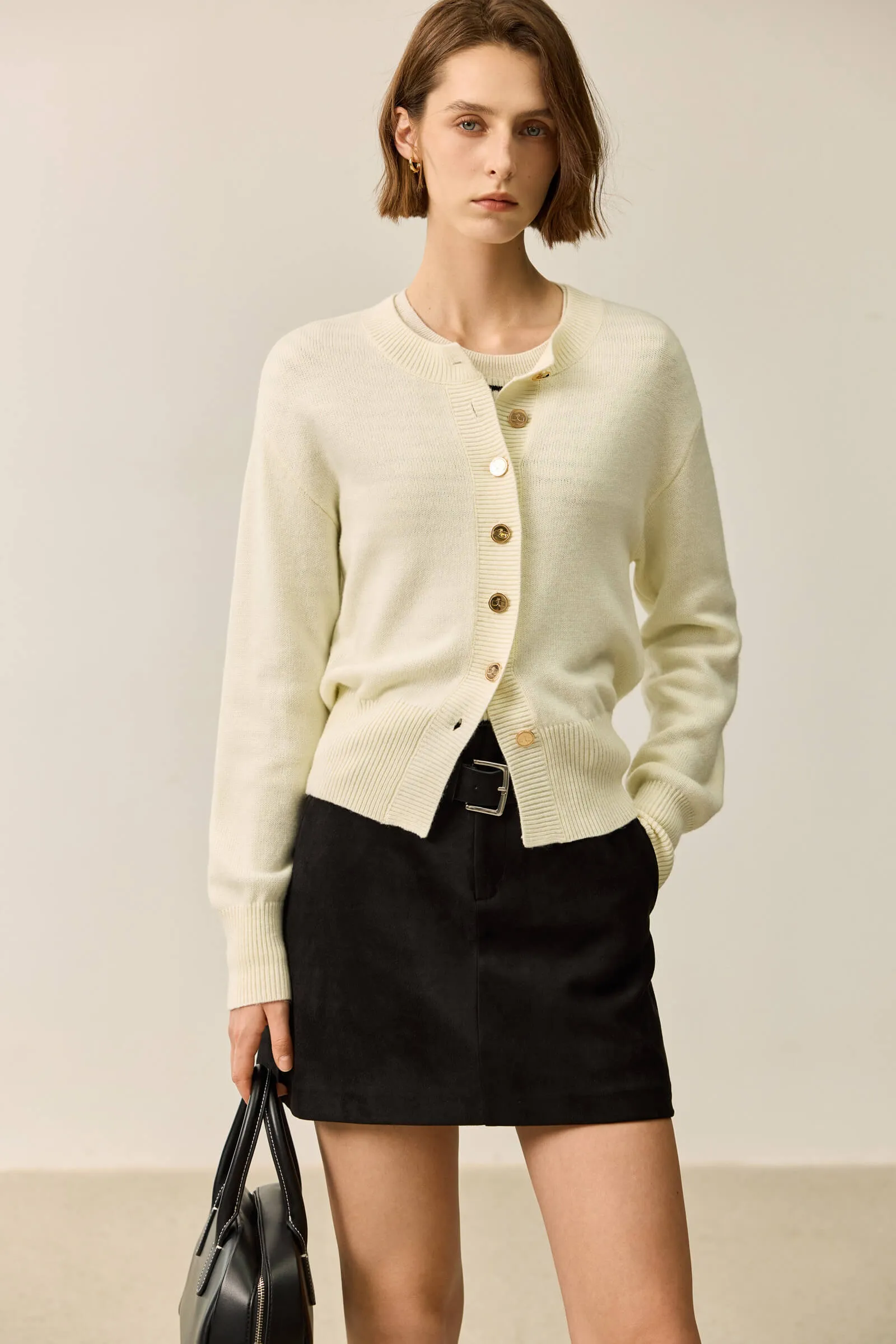 LILY Wool Blend Crewneck Knit Cardigan