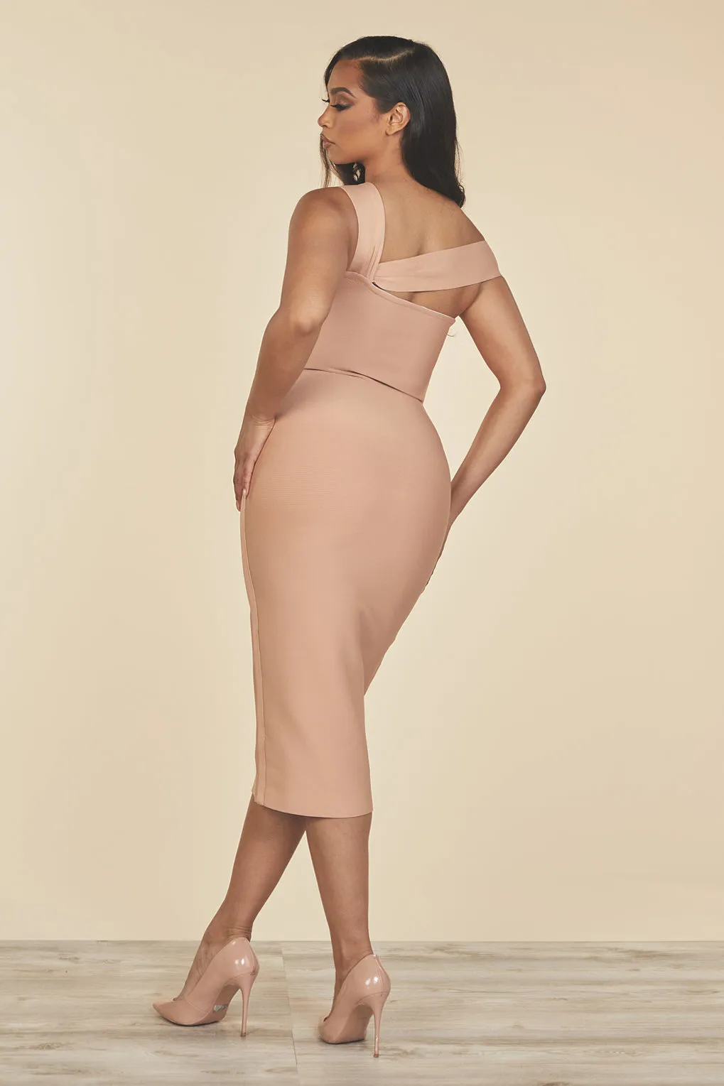 Lucia Beige Cutout Midi Bandage Dress