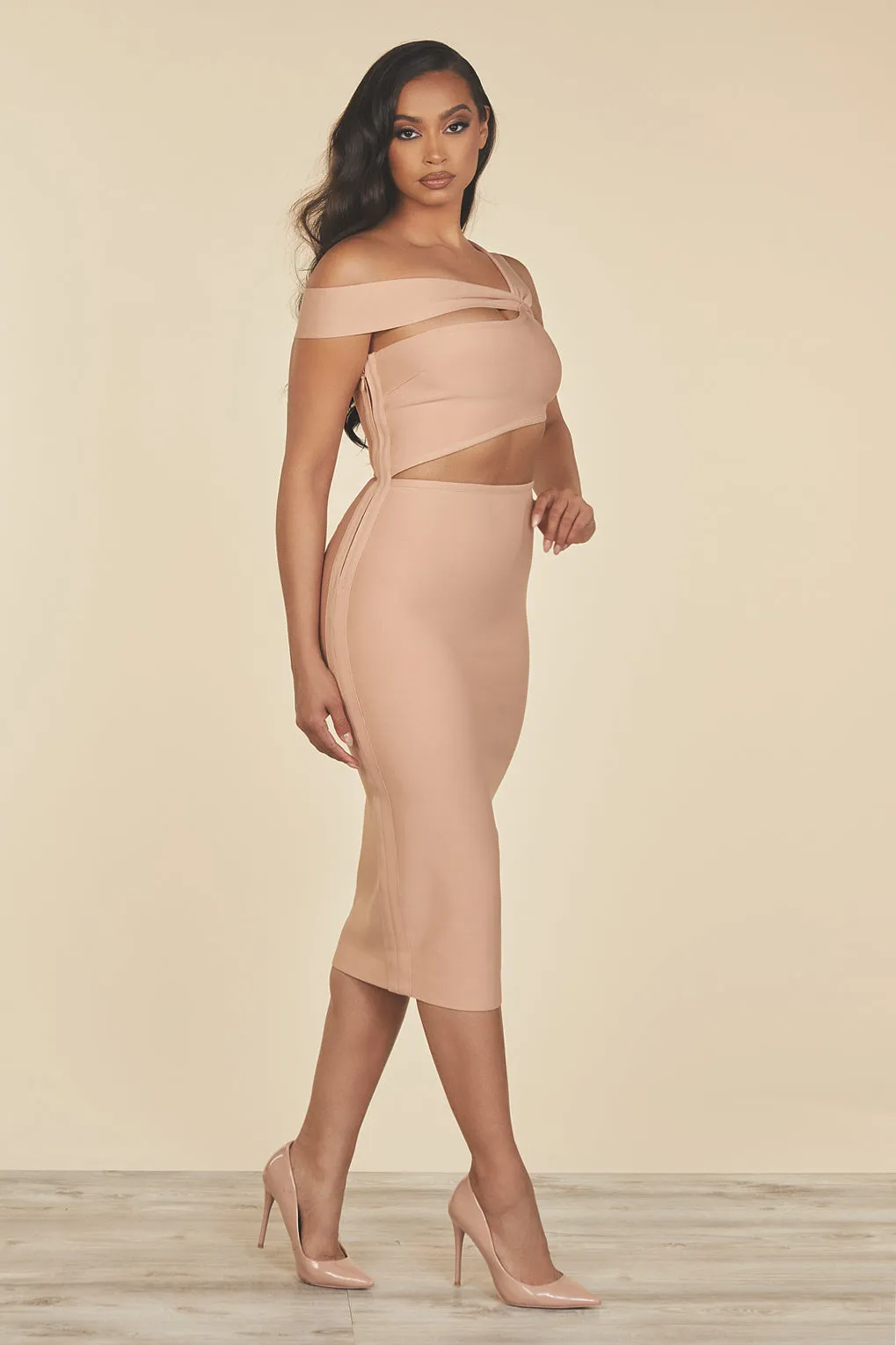 Lucia Beige Cutout Midi Bandage Dress