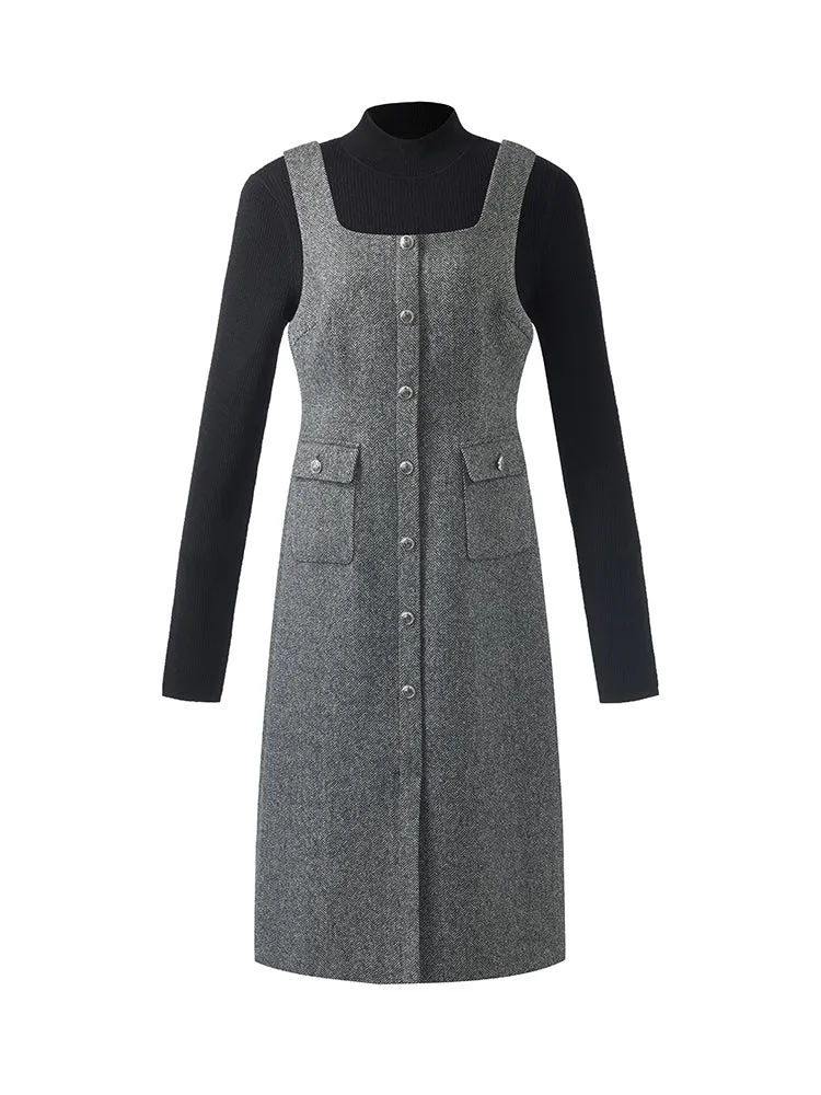 Machine Washable Wool Sweater And Washable Wool Vest Midi Dress Two-Piece Set