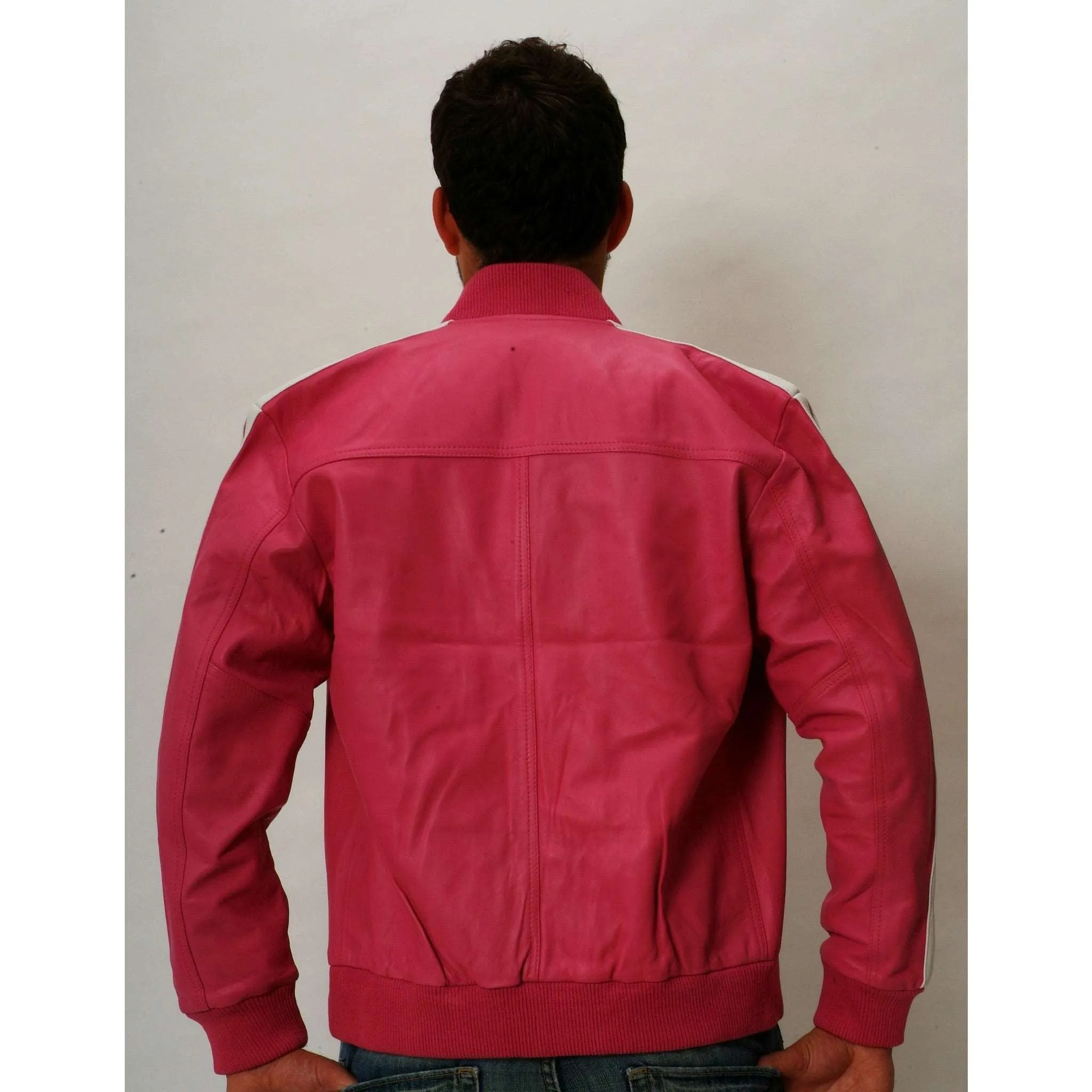 Mens Leather Jacket Pink Track Celebrity Style ( Pharrel Williams ) Nappa Sheepskin