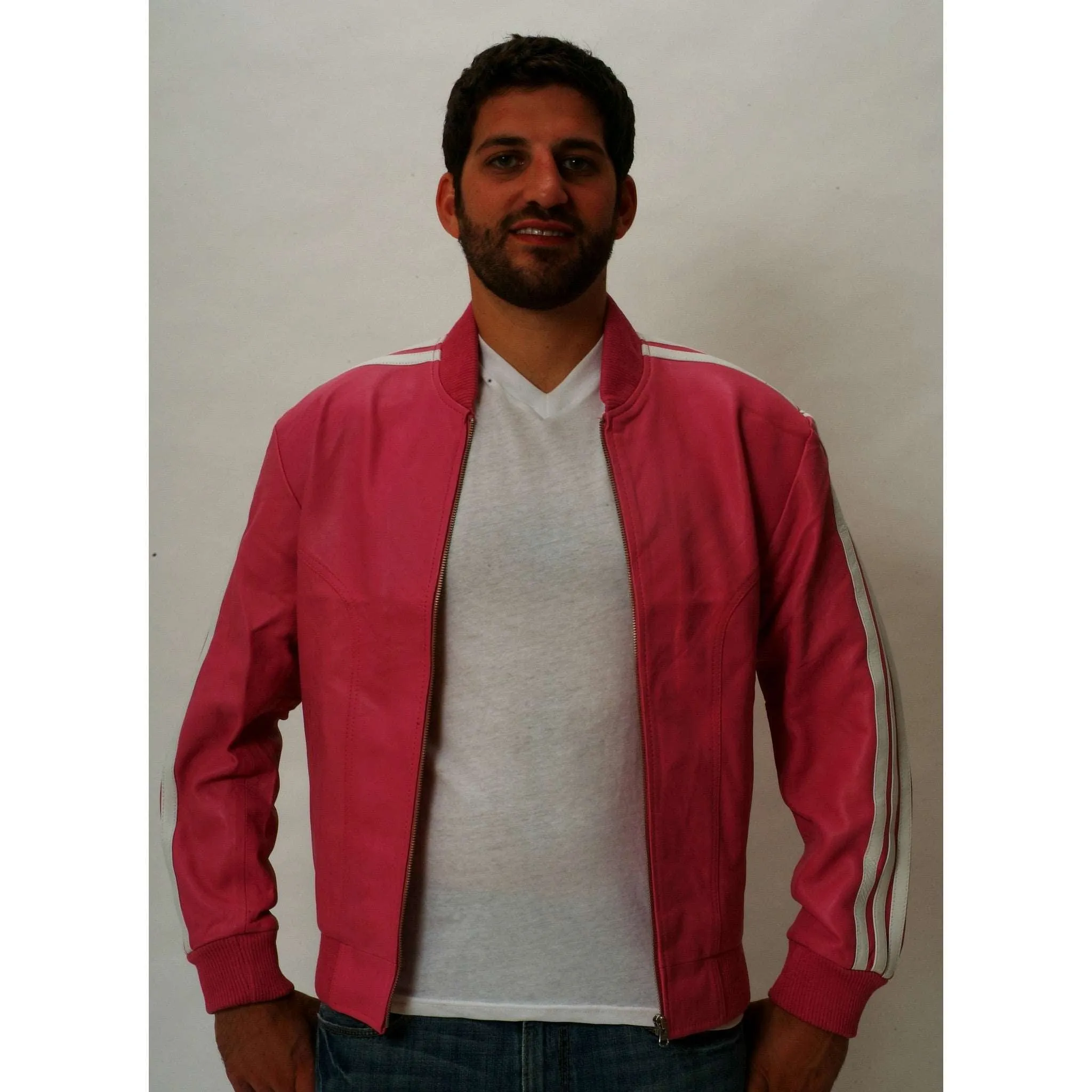 Mens Leather Jacket Pink Track Celebrity Style ( Pharrel Williams ) Nappa Sheepskin