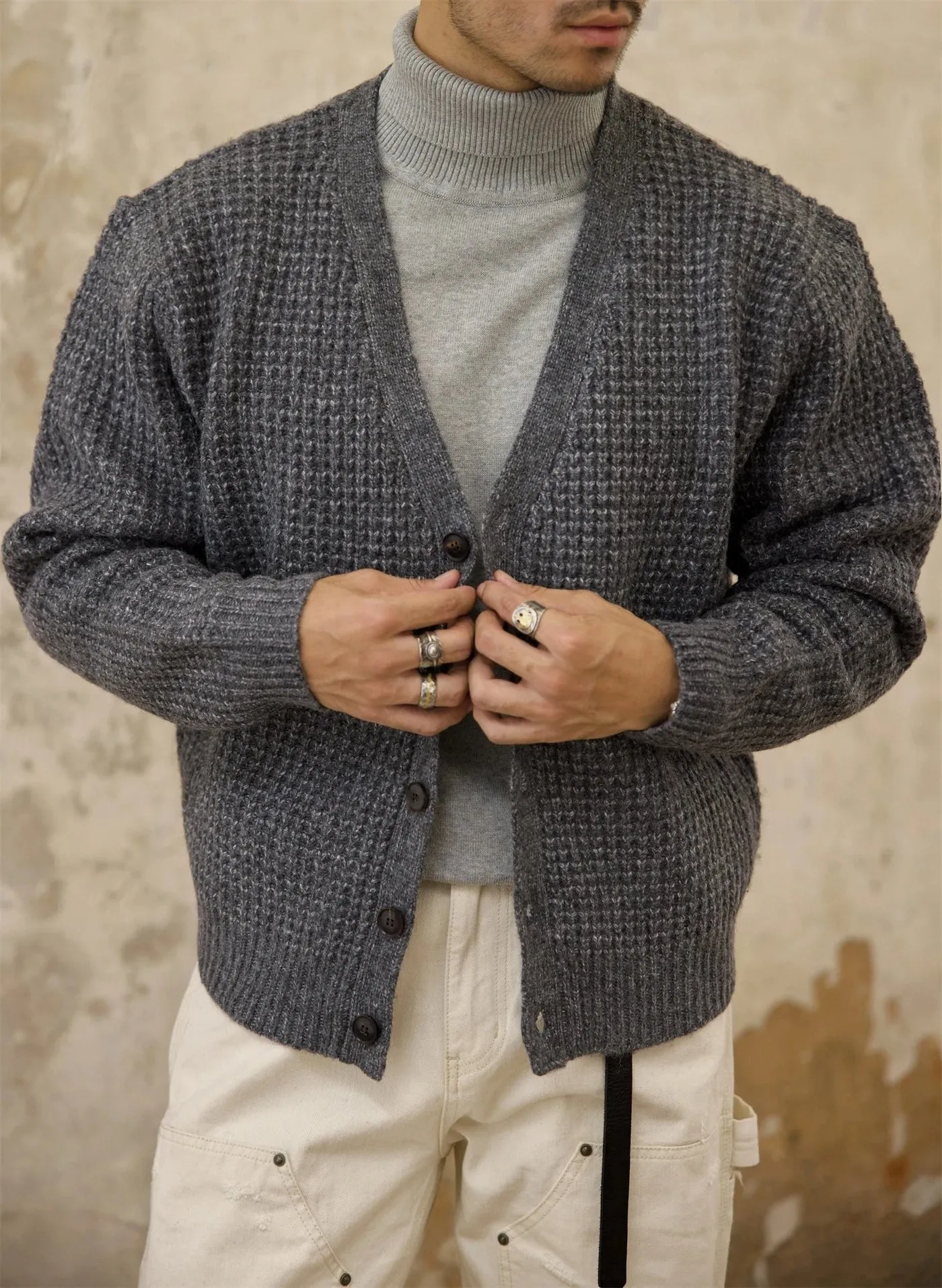 Men's Waffle V-neck Cardigan