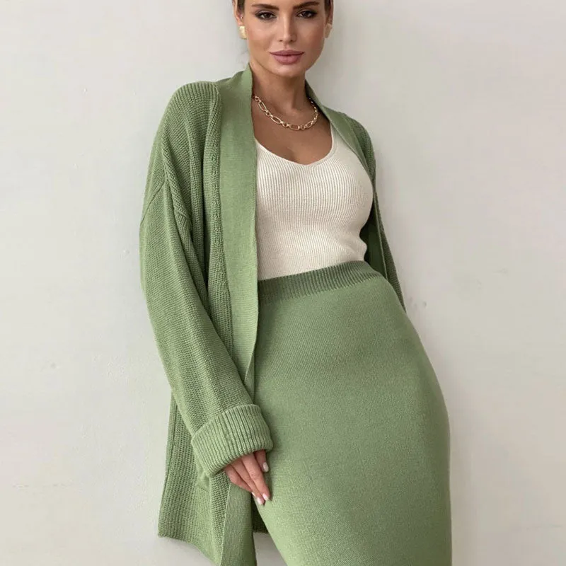 Minimalist Open Front Knit Cardigan and Bodycon Midi Skirt Matching Set