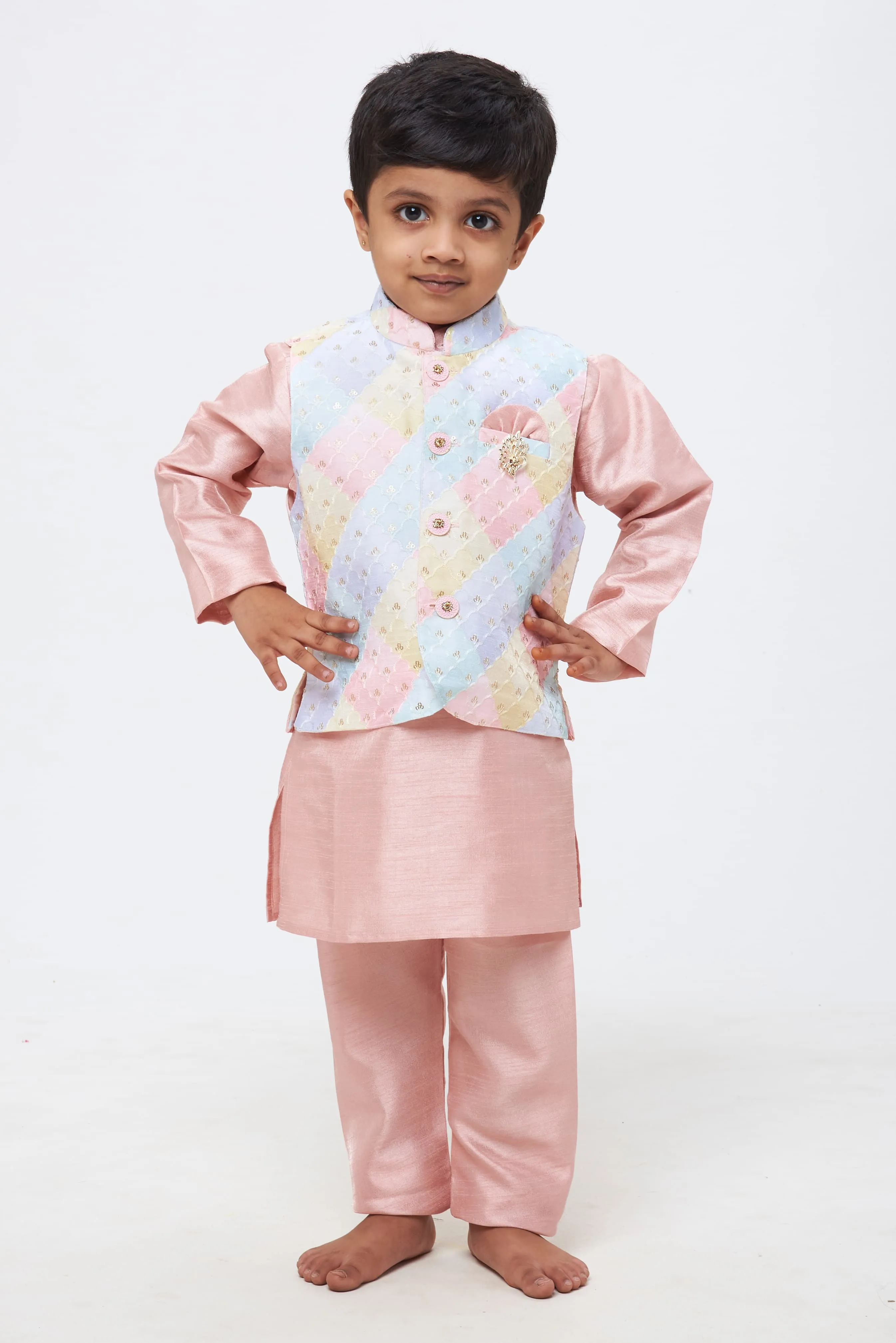 Pastel Symphony: Boys Pink Kurta Shirt and Pant Set with Multicolored Embroidered Overcoat