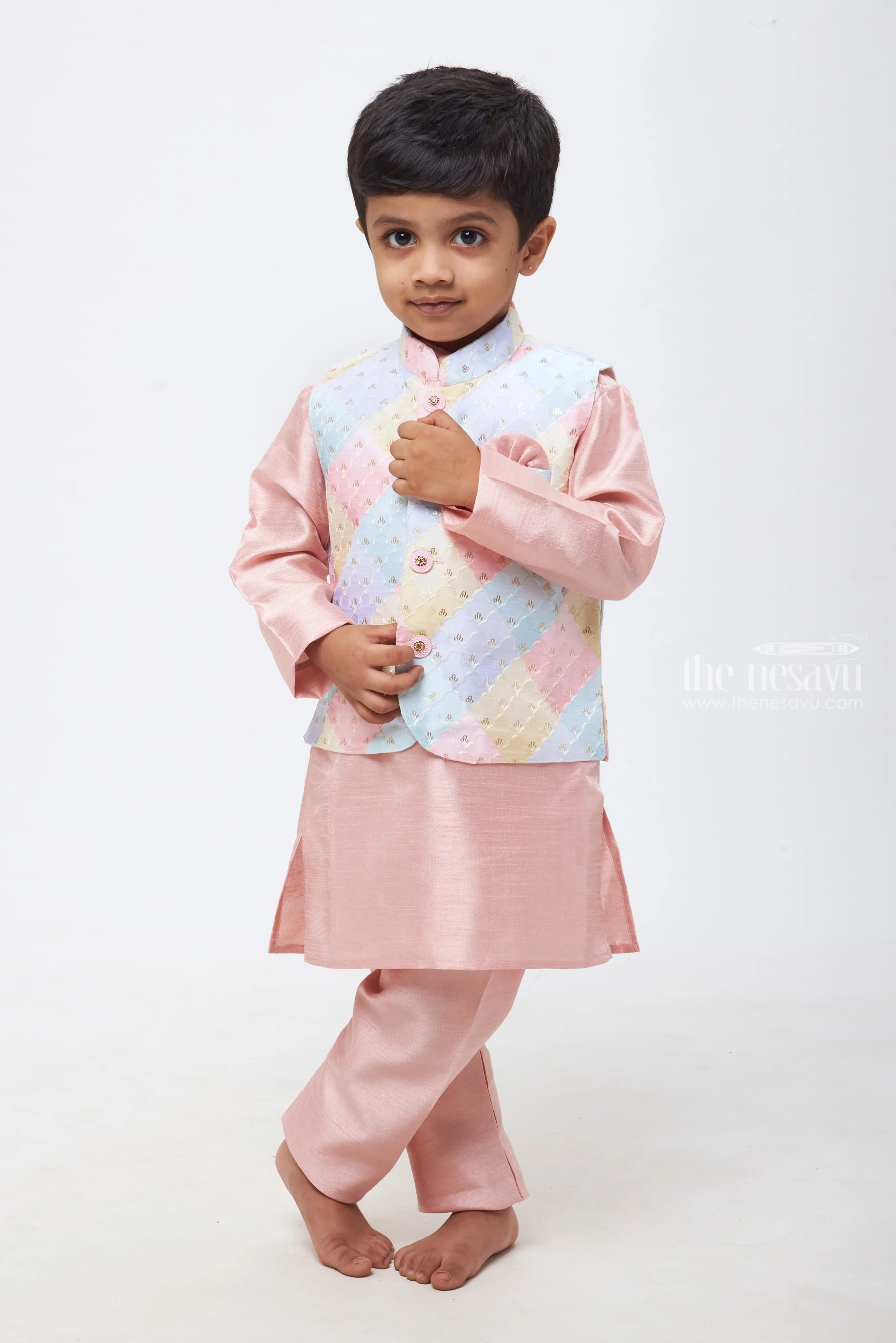 Pastel Symphony: Boys Pink Kurta Shirt and Pant Set with Multicolored Embroidered Overcoat