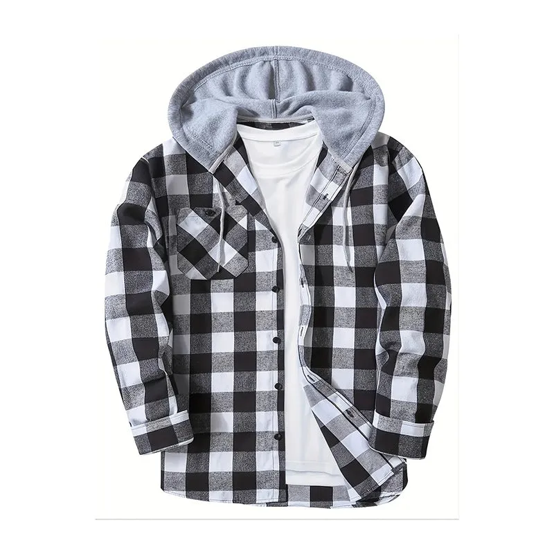 PLAID BUTTON UP HOODED SHIRT WITH CHEST POCKET