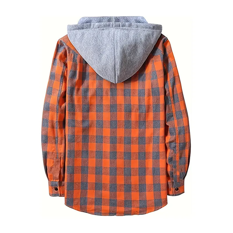 PLAID BUTTON UP HOODED SHIRT WITH CHEST POCKET