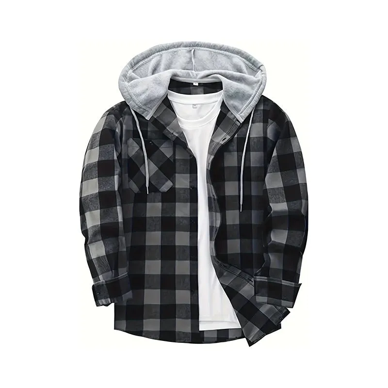 PLAID BUTTON UP HOODED SHIRT WITH CHEST POCKET