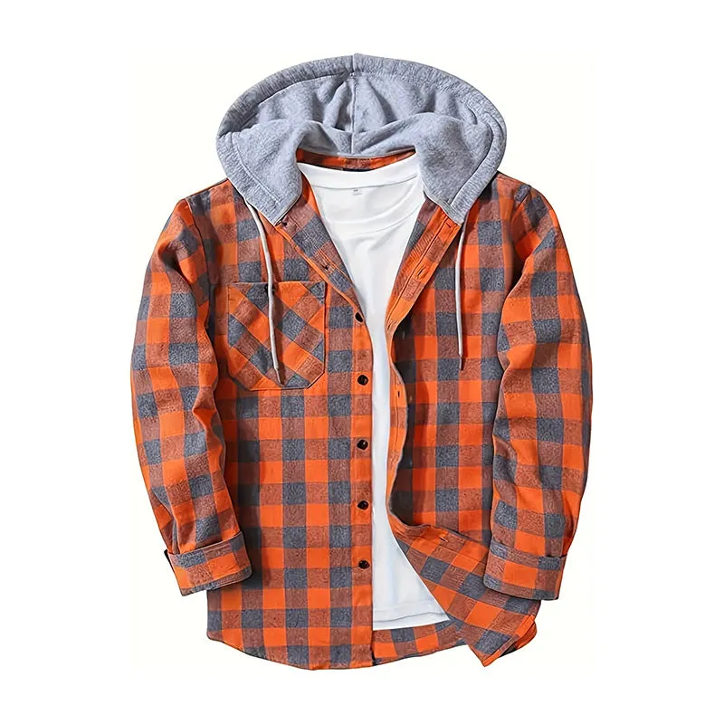 PLAID BUTTON UP HOODED SHIRT WITH CHEST POCKET