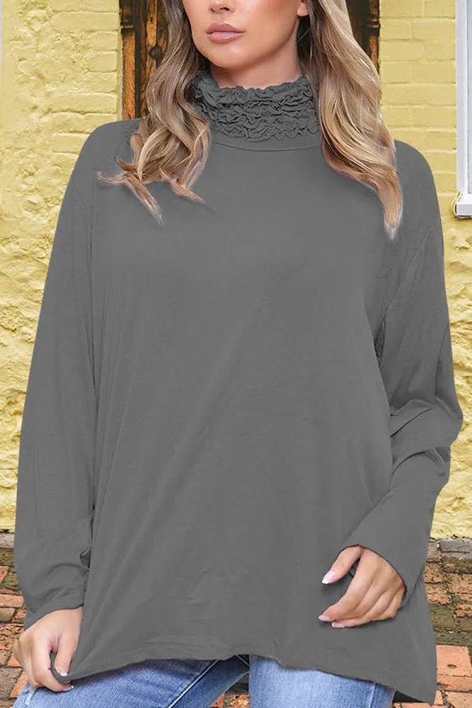 Plain Ruched Frill Roll Neck Tunic Viscose Top