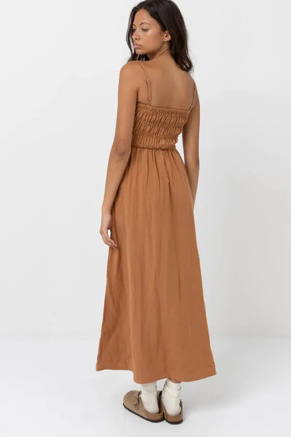 Rhythm Classic Shirred Midi Dress - Caramel