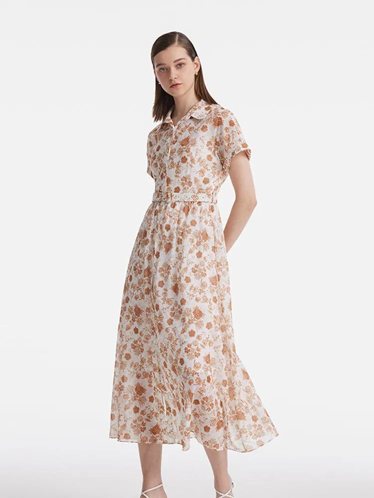 Rose Printed Women Midi Dress With Belt And Bottomed Dress